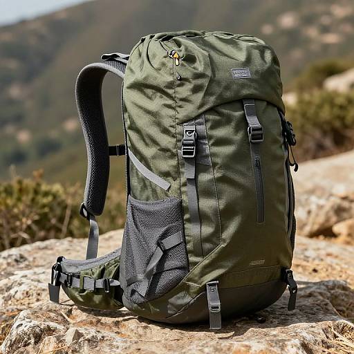Photograph of a green, large, rugged backpack with black straps and mesh pockets, standing on rocky terrain with blurred mountain background.