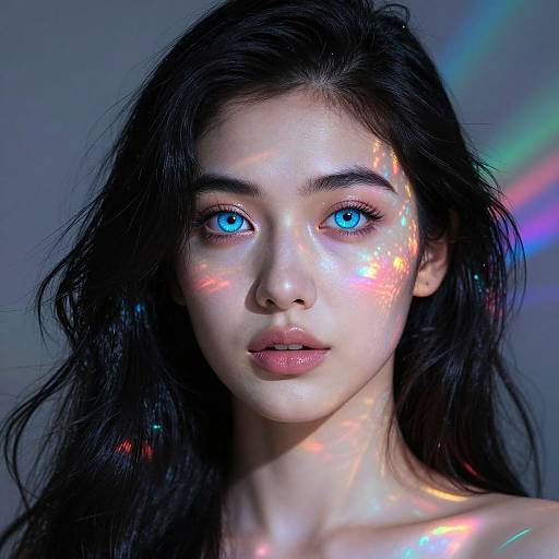 Digital portrait of a young woman with glowing blue eyes, dark hair, and iridescent rainbow reflections on her face and skin.