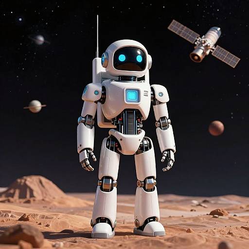 Photorealistic CGI: White, glowing-blue-eyed robot stands on Martian landscape, facing camera; space station with solar panels in background.