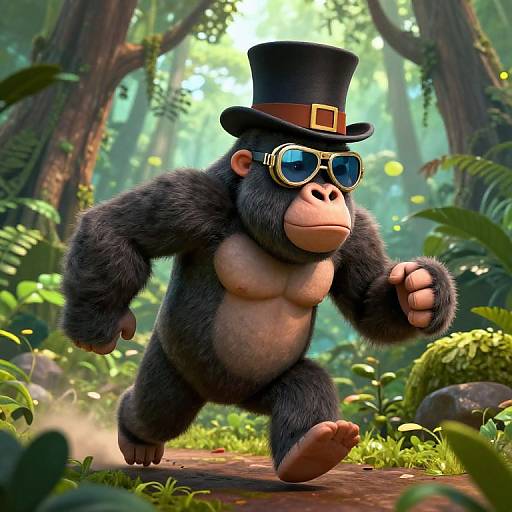 CGI cartoon gorilla in top hat and sunglasses, running through a lush, sunlit forest with vibrant greenery and tall trees.