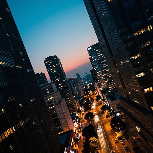 Photograph of a bustling city skyline at dusk, featuring towering dark skyscrapers with illuminated windows, bright streetlights, and a colorful gradient sky transitioning
