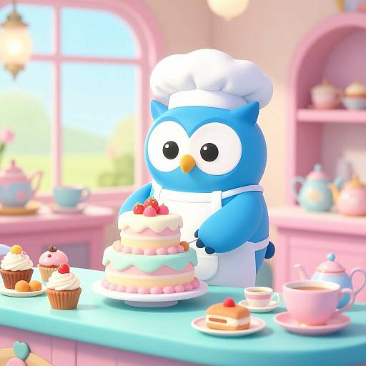 Cute blue cartoon owl in chef hat decorating a pink cake with strawberries in a pastel-colored, sunlit bakery.