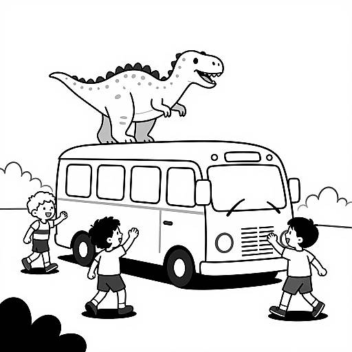 Black-and-white cartoon: Three children joyfully running around a van with a dinosaur on top, in a sunny outdoor setting.