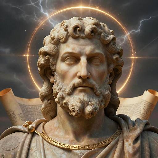Photorealistic digital artwork of a classical bearded statue with curly hair, haloed by a glowing ring, against a dark, stormy sky with