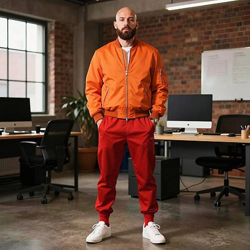 Photograph of a bald, bearded man in an orange jacket and red pants, standing in a modern, industrial-style office with exposed brick walls and