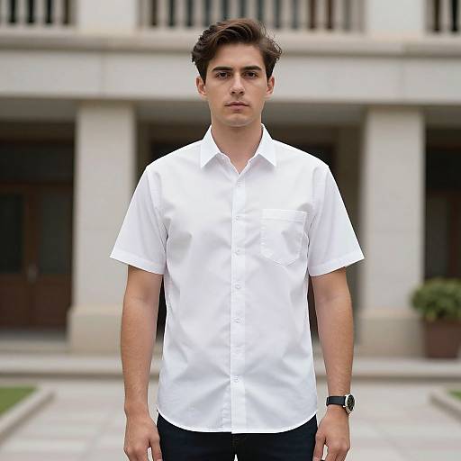 Photograph of a young man with short brown hair, wearing a white short-sleeve button-up shirt and black pants, standing in front of a