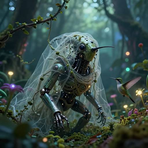 Digital artwork of a metallic, humanoid insect creature with a translucent veil, surrounded by glowing fairy lights and a hummingbird in a mystical, forested setting