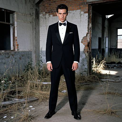 Photograph of a young man in a black tuxedo with bow tie, standing in an abandoned, dilapidated building with broken bricks and over