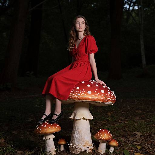 Woman on Red Mushroom in Forest