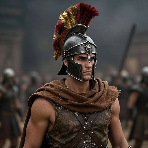 Photograph of a muscular, serious-looking man in ancient Roman gladiator armor, featuring a metallic helmet with red and gold plumes, brown fur cape