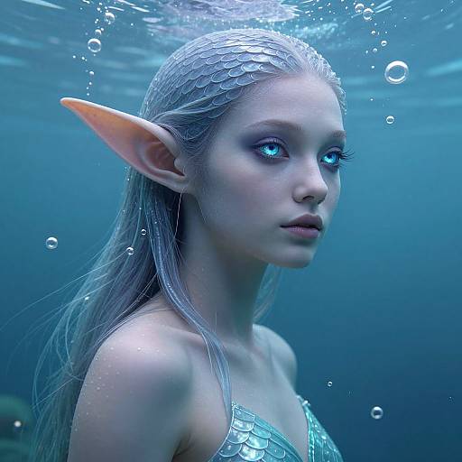 Digital art of a blue-eyed, silver-haired mermaid with large pointed ears, underwater, wearing a shimmering scale top, surrounded by bubbles.