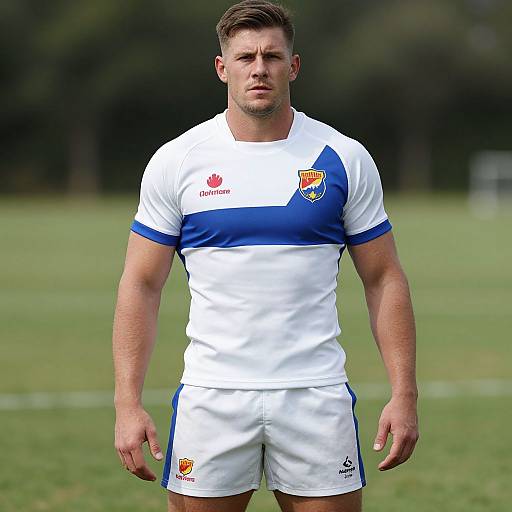 Photograph of a muscular, fair-skinned male rugby player with short brown hair, wearing a white and blue jersey and shorts, standing on a grass
