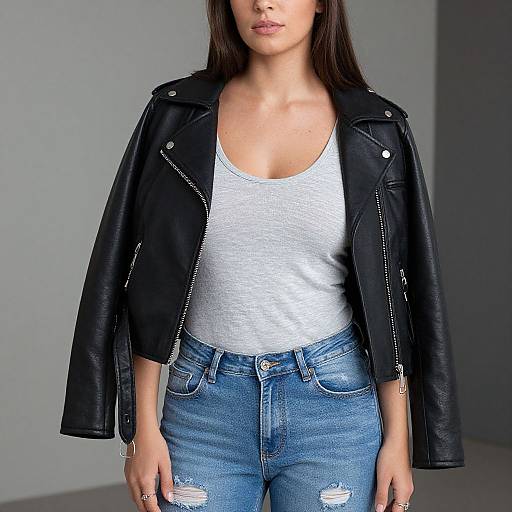 Photograph of a woman with long brown hair, wearing a black leather jacket, white tank top, and blue ripped jeans, standing against a plain gray