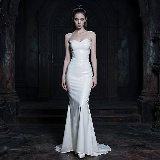 Photograph of a slender woman with fair skin and dark hair in a white, strapless, satin wedding gown, standing in a dimly lit,