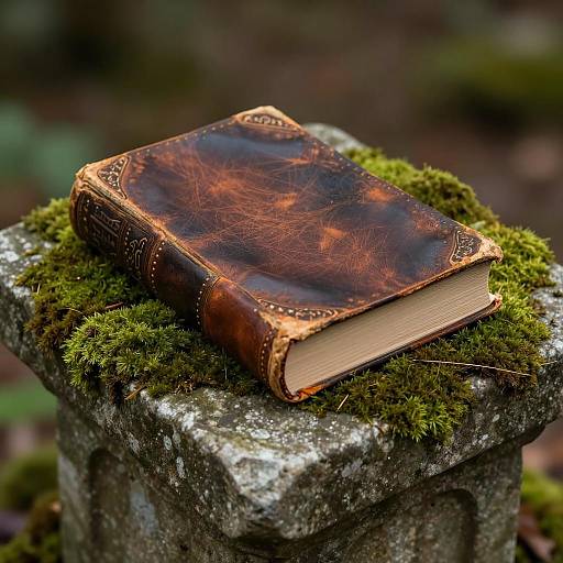 Worn Leather-Bound Book on Stone Altar