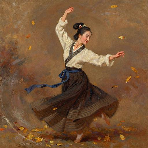 Oil painting of a Korean woman in traditional hanbok, mid-dance, arms raised, brown background, autumn leaves falling, white blouse, blue