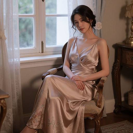 Photograph of a young woman with fair skin and dark hair in a silky, pale pink evening gown, sitting in an ornate chair by a sun