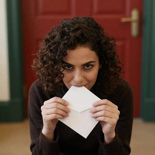 Woman Biting Envelope by Red Door