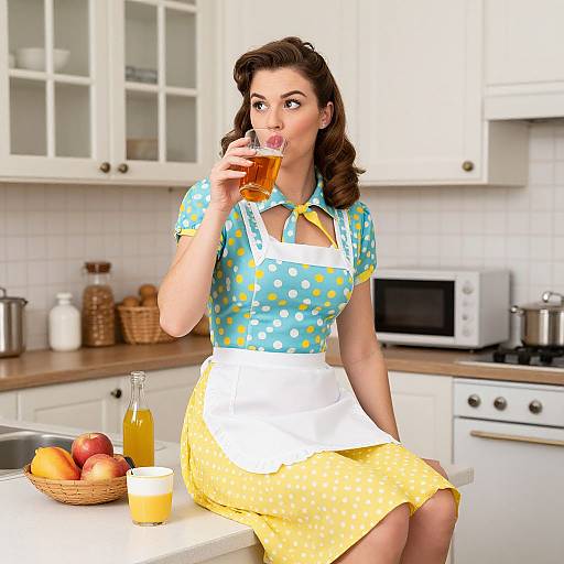 Vintage-style photograph of a fair-skinned woman with dark, wavy hair, wearing a blue polka dot blouse, yellow skirt, white apron