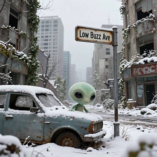 Photograph of a snow-covered, abandoned urban street with a small, green, alien-like creature beside a rusted, snowy car and a 