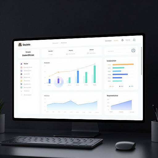 Photograph of a darkened room with a computer monitor displaying a Google Data Studio dashboard featuring colorful bar charts and graphs. Keyboard and mouse on desk below