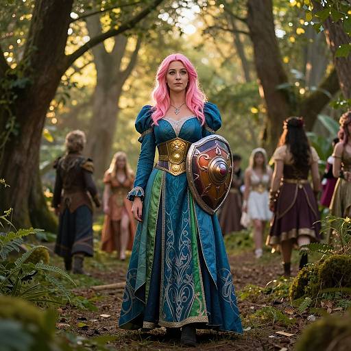 Photograph of a pink-haired woman in a blue medieval dress with gold accents, holding a silver shield, standing in a sunlit forest, surrounded by