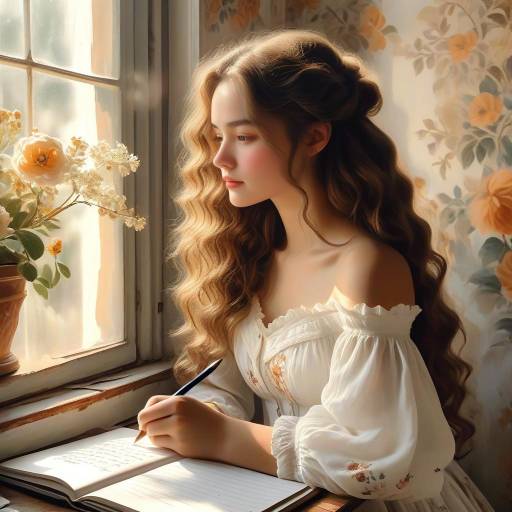 Beautiful Woman Writing by Window