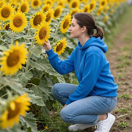 Photograph of a smiling woman in a blue hoodie and jeans, crouching in a sunflower field, touching a large yellow sunflower.