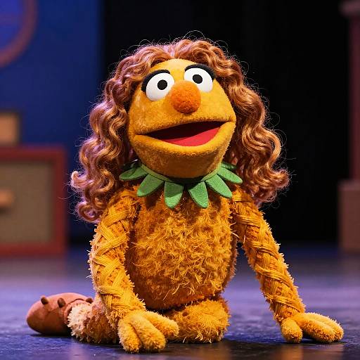 Photograph of a yellow, fuzzy, puppet with curly brown hair, green leaf collar, white eyes, and open mouth, sitting on stage.