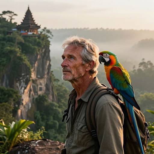 Photograph of an elderly white man with gray hair, wearing a green shirt and backpack, standing beside a colorful macaw bird, with a misty
