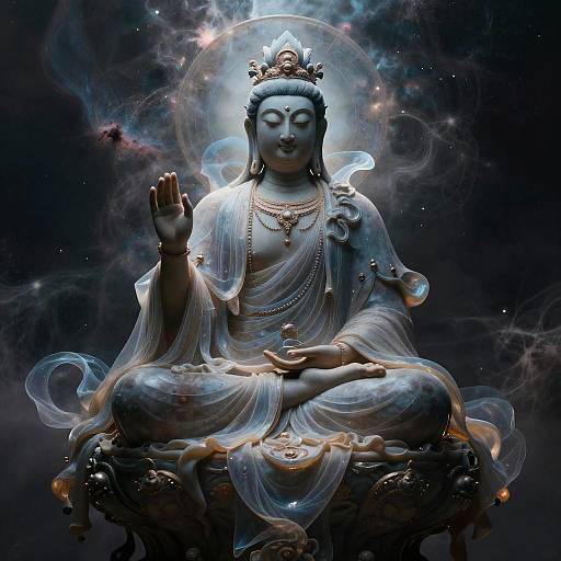 Digital artwork of a serene, blue-hued Buddha statue with flowing white robes, seated cross-legged, right hand raised in blessing, surrounded by cosmic clouds