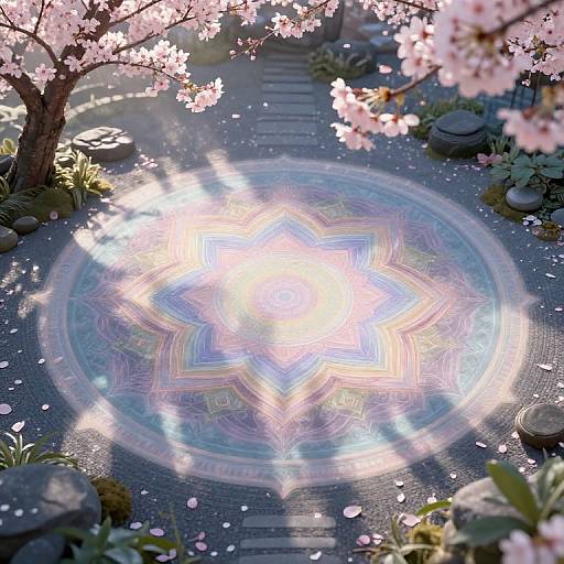 Digital art of a luminous, multicolored star mandala on a stone path, surrounded by cherry blossom trees and rocks, with pink petals falling