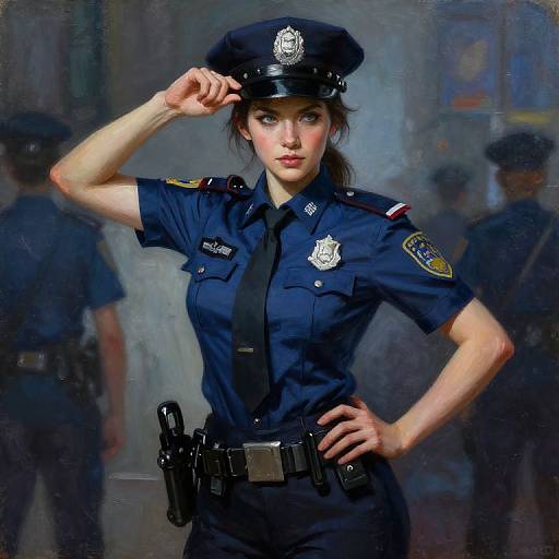 Digital painting of a confident, attractive female police officer in a blue uniform, cap tilted, hand on hip, standing in a dimly-lit,