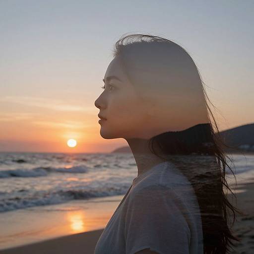 Photograph of a young woman with long dark hair in profile, wearing a grey shirt, at sunset on a beach with waves and a glowing orange sky