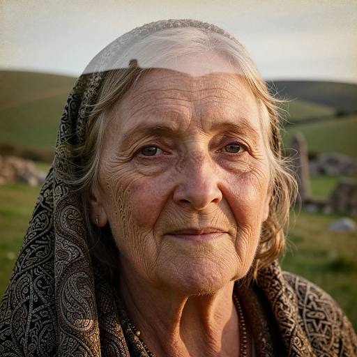 Close-up photograph of an elderly woman with wrinkled skin, gray hair, and patterned headscarf, set against a sunny, green, h