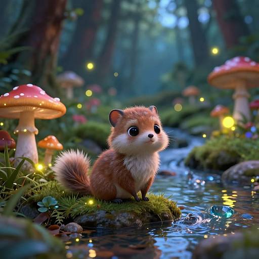 CGI fantasy forest scene: Adorable, fluffy red squirrel with large eyes sits on moss by a glowing, mushroom-filled stream, surrounded by twinkling