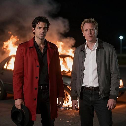 Dramatic Night Scene with Burning Car