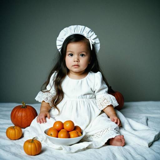 Toddler in White Dress with Pumpkins