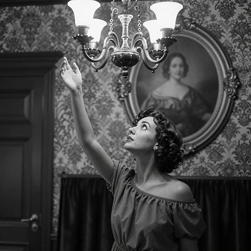 Vintage Woman Reaching for Chandelier