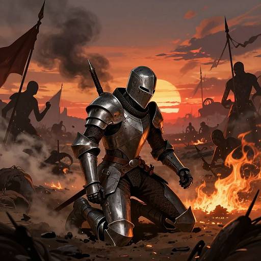 Battleworn Knight Squire Kneeling at Sunset