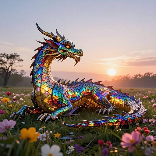 Photograph of a vibrant, mosaic-styled dragon with colorful scales, lying in a field of blooming flowers at sunset.