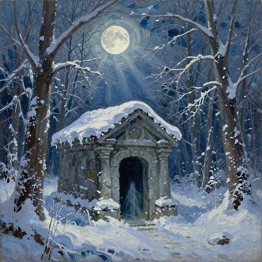 Moonlit winter forest scene with a snow-covered, ancient stone mausoleum at center, illuminated by bright moonlight, surrounded by snow-covered trees