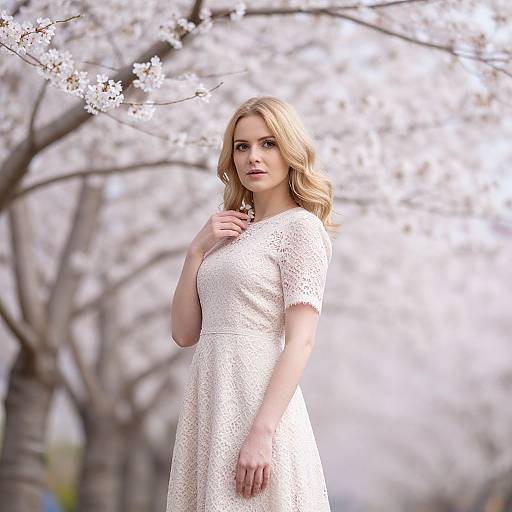Photograph of a blonde woman with wavy hair, wearing a white lace dress, standing in a blooming cherry blossom tree-lined path.