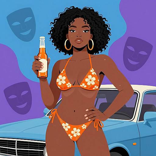 Confident Black Woman in Orange Floral Bikini Holding Beer