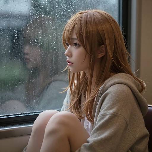Photograph of a young woman with long red hair, wearing a gray hoodie, sitting by a rain-speckled train window, lost in thought.
