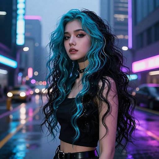 Digital art of a young woman with long, wavy, black and blue hair, wearing a black crop top and leather belt, standing on a neon