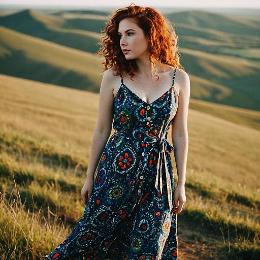 Redhead Woman in Colorful Sundress in Open Plain