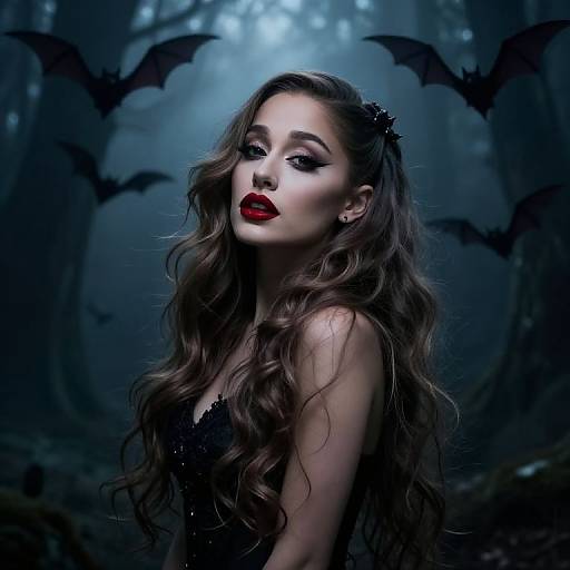 Photograph-style digital art of a pale, red-lipstick wearing woman with long, wavy brown hair, black dress, and bat hairpiece