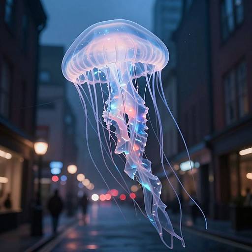 Photograph of a glowing blue and white jellyfish floating in a dimly lit, neon-lit urban street at dusk.