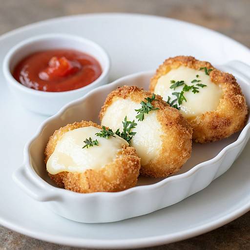 Photograph of three golden-brown, crumb-coated cheese puffs garnished with parsley, served in a white oval dish with a small bowl